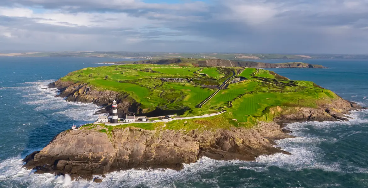 an overview of the beautiful old head golf links promontory basking in the morning light as captured from an inspire 2 drone.
